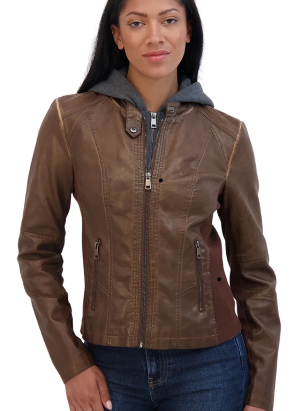 Sebby Collection Faux Leather Jacket w Removable Hoodie